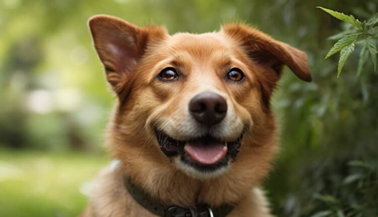 A dog with a blurred face, wearing a collar, surrounded by greenery.