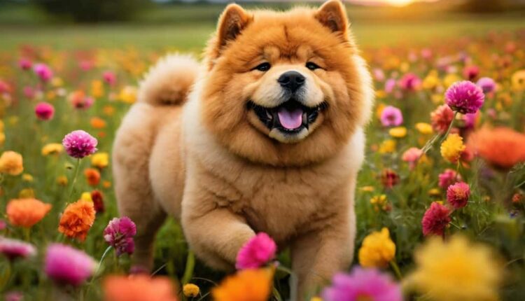 A fluffy dog amidst colorful flowers in a field at sunset.