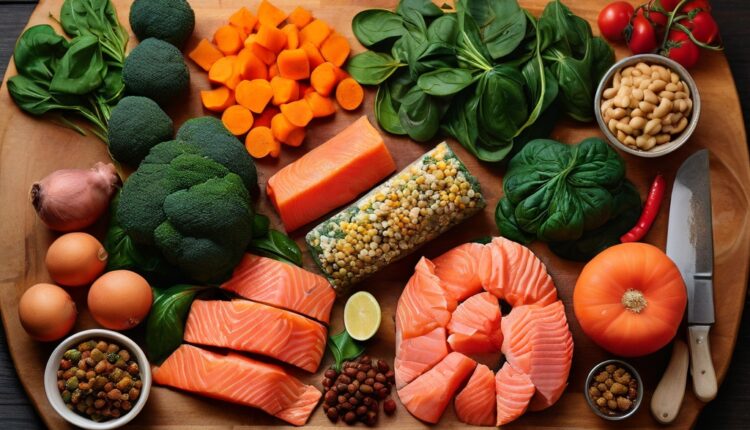A variety of fresh vegetables and salmon slices displayed on a wooden cutting board.
