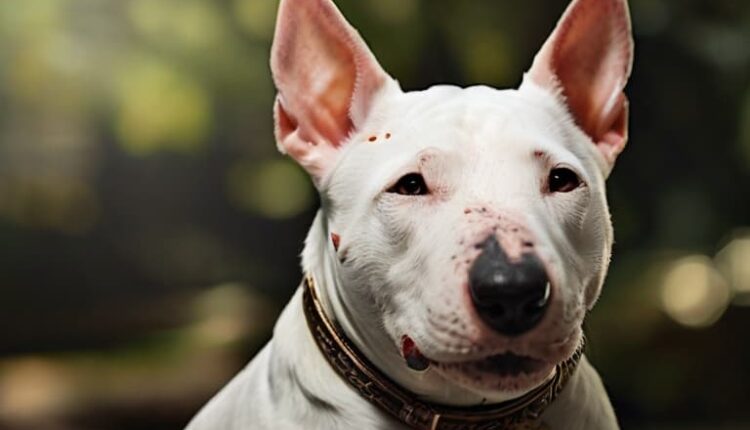 A white dog with spots on its skin, wearing a collar, in a natural outdoor setting.