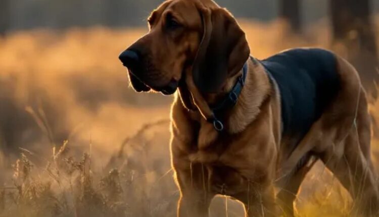 A Bloodhound dog in a field during sunset.