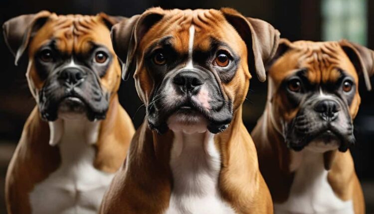 Three Boxer dogs looking at the camera with a dark background.