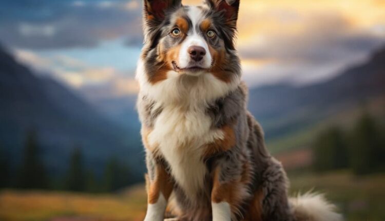 A Miniature American Shepherd with a mix of white, black, and brown fur sitting gracefully against a backdrop of mountains and a sunset.
