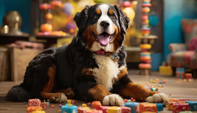Cognitive Decline in Aging Dogs: A Senior Bernese Mountain surrounded by colorful toys, representing mental stimulation as a strategy to combat cognitive decline in aging dogs.