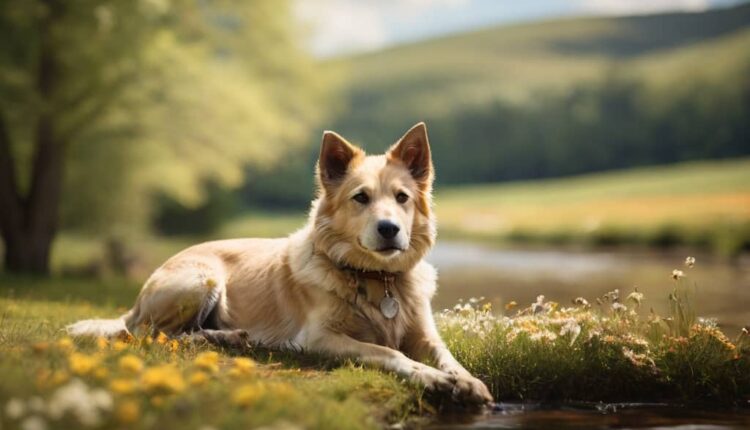 A dog relaxing by a serene river surrounded by lush greenery, symbolizing calmness and tranquility.