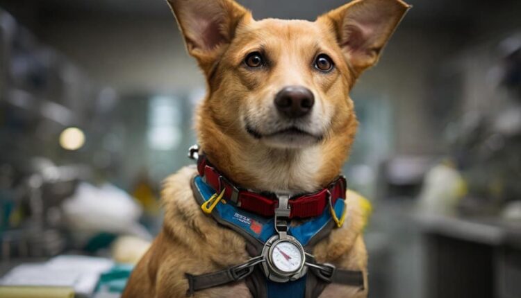A dog with a stethoscope around its neck, symbolizing a vet or medical professional, related to the topic of identifying congestive heart failure in dogs.