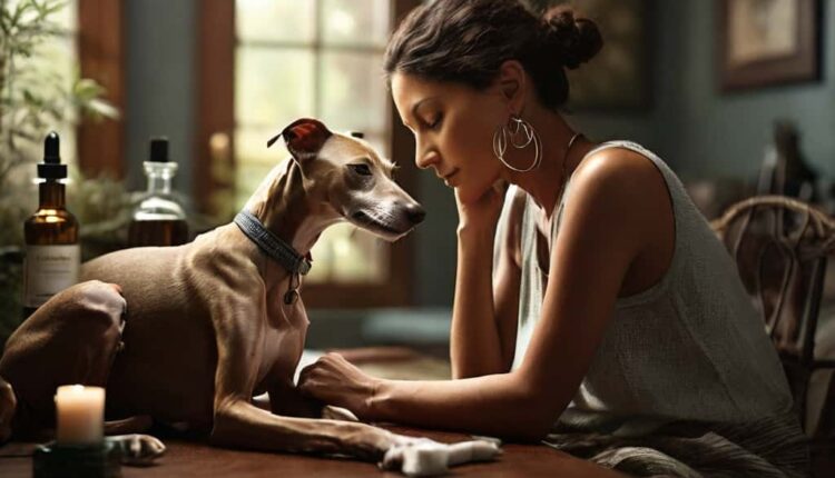 A dog and a person sitting together on a wooden table with a bottle and a lit candle nearby.