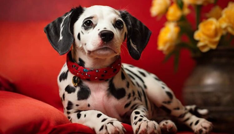 A Mini Dalmatian puppy with a red collar sitting on a red cushion, yellow flowers in the background.