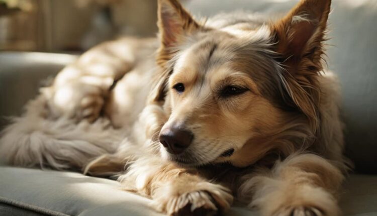 A relaxed senior dog lounging on a soft surface, enjoying the sunlight.