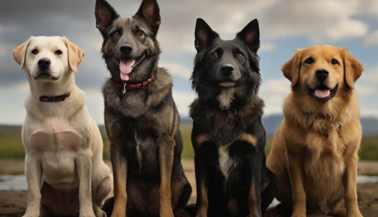 Four diverse dogs sitting side by side outdoors.