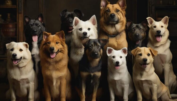 A group of happy dogs of various breeds sitting together.