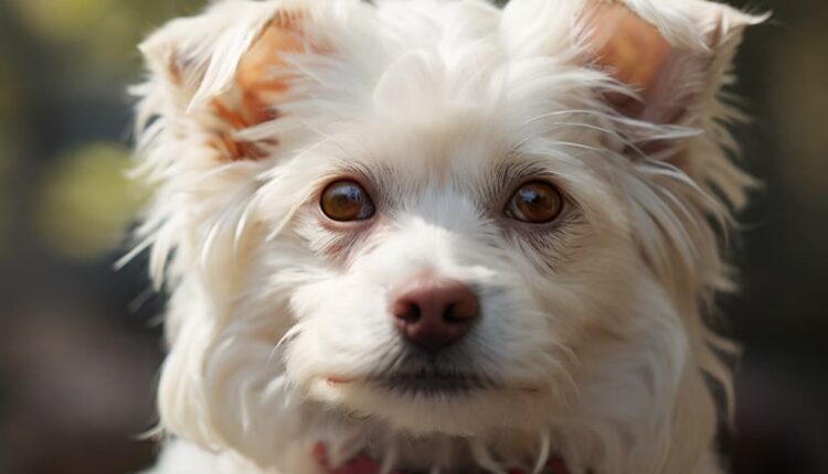 A close-up of a dog’s face with tear stains under its eyes, in front of a blue background.