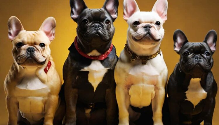 French Bulldog Size Ranges: Four French Bulldogs of different colors sitting against a yellow background.