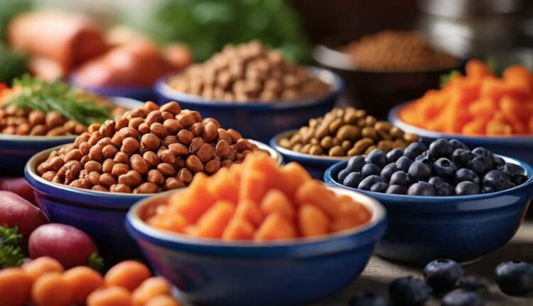 A variety of dog foods displayed in blue bowls, including kibbles and fresh fruits, essential for promoting healthy eye function in dogs.