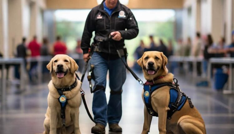 Local Service Dog Training Programs: Two service dogs with their trainer in a training facility.