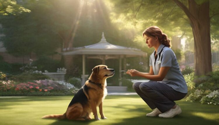 A trainer gently interacting with an anxious dog in a serene garden setting.