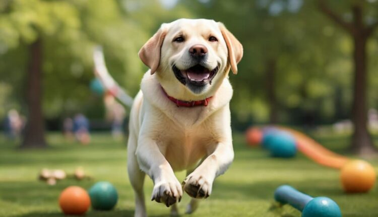 A happy dog running in a park surrounded by toys.