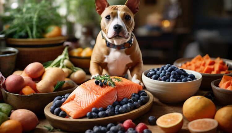 A Miniature Bull Terrier surrounded by a variety of fresh fruits, vegetables, and salmon, representing natural hypoallergenic dog food options.