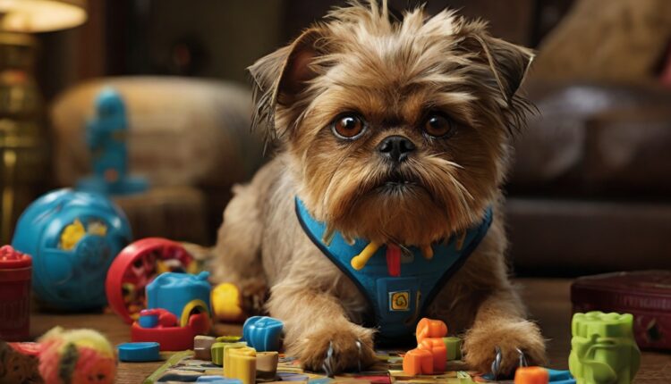 A dog surrounded by a variety of colorful toys for mental stimulation.