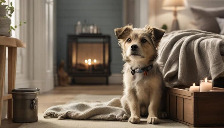 A dog sitting in a cozy living room, looking anxious.