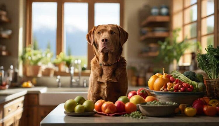 A dog in a kitchen surrounded by various fresh fruits and vegetables.