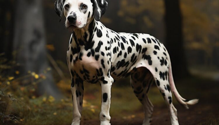 A Dalmatian dog with a distinctive black-spotted coat standing in a forest setting.