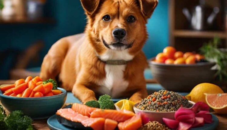 A dog observing a variety of foods rich in Omega-3 fatty acids including salmon, carrots, and seeds.