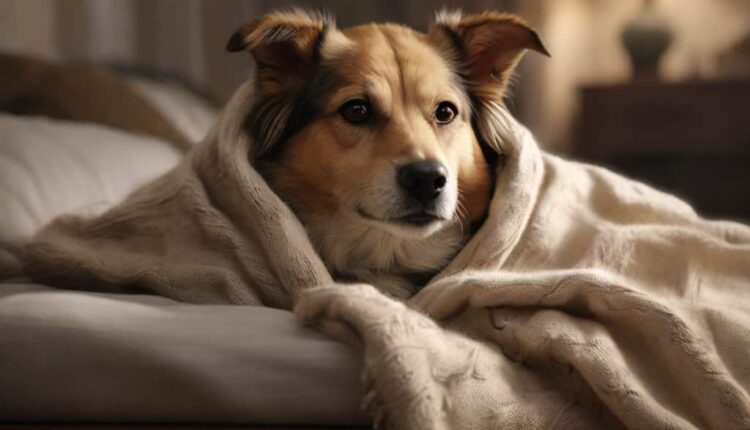 A dog covered with a blanket, lying on a bed, showcasing the need for comfort and safety in pets with phobias.