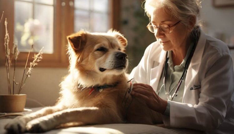 A dog receiving acupuncture treatment for arthritis.