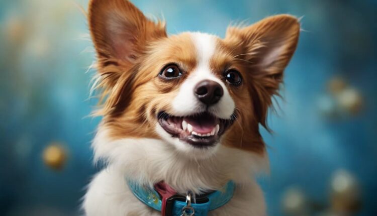 A happy, vibrant Papillons with a wide, bright smile, displaying clean and healthy teeth. The image should emphasize the importance of canine dental care for overall dog health.